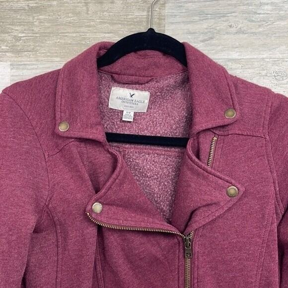 AMERICAN EAGLE Asymmetric Moto Sweatshirt Jacket Burgundy Womens Small - Picture 2 of 5